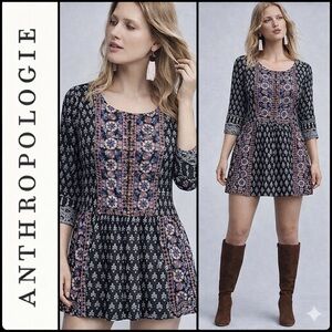 Anthropologie Black Embroidered Embellished Patterned Mini Dress